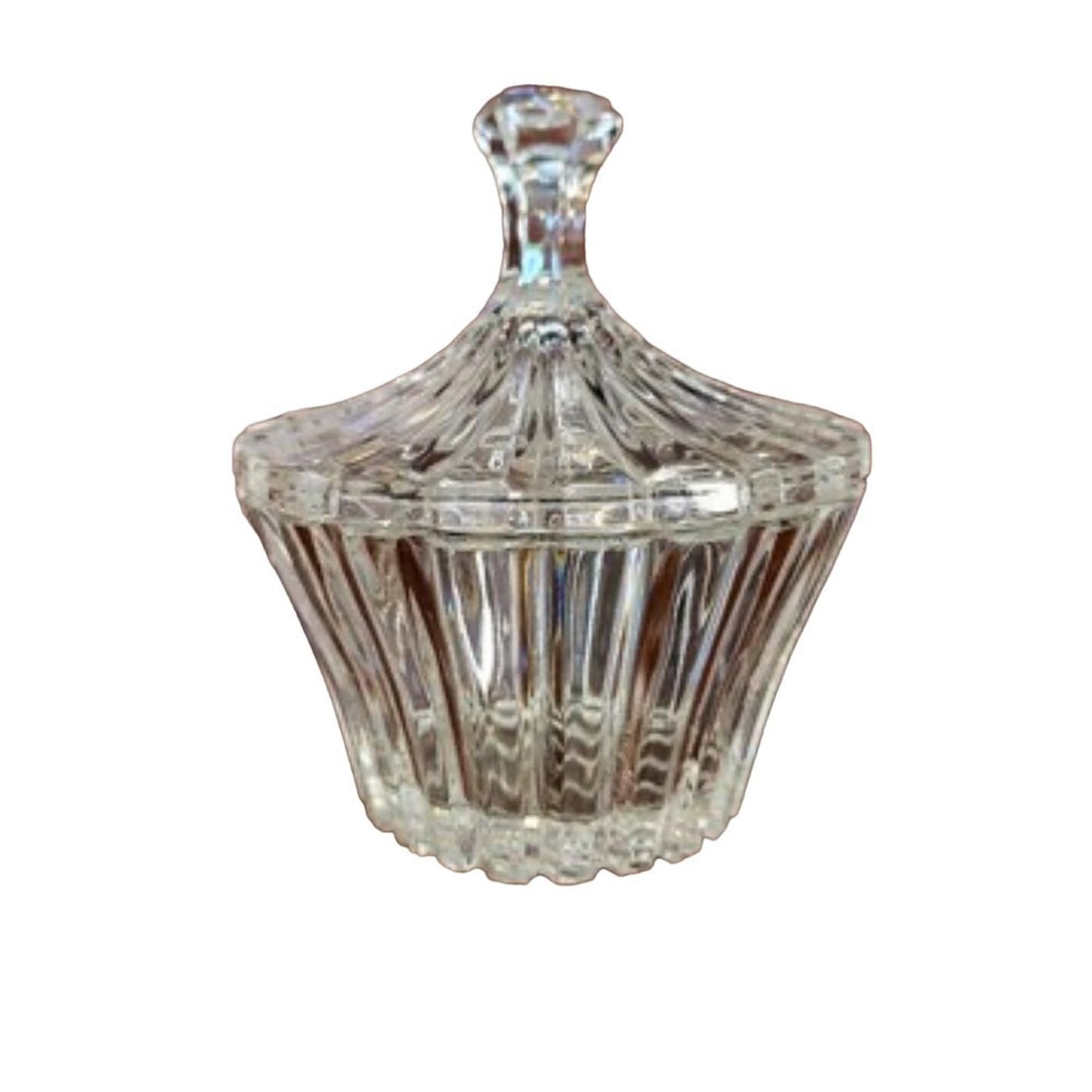 Vintage Clear Ribbed cut glass lidded trinket dish
